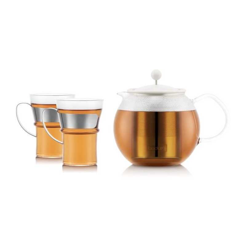 Tetera de prensa francesa - BODUM - ASSAM SET - 1,0 l con filtro de acero inoxidable, tapa de plástico + 2 vasos de vidrio con asa de acero inoxidable de 0,35 l